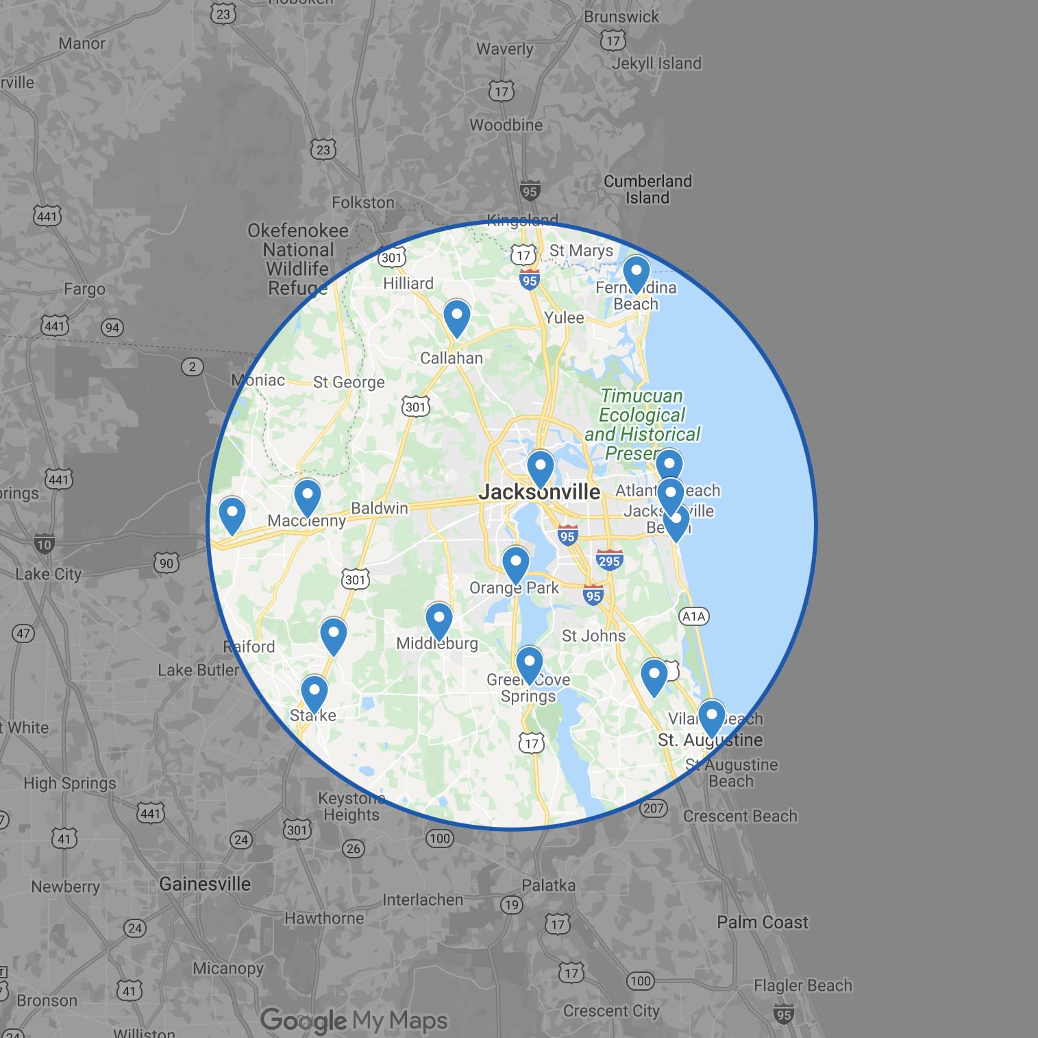 Map showing there Northeast Florida service area of Next Level Home Inspections